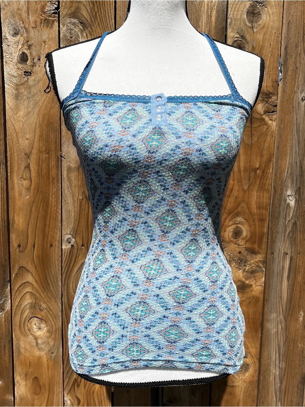 Free People Boho Hippie Blue Patterned Lace-Trim Halter Tank Top